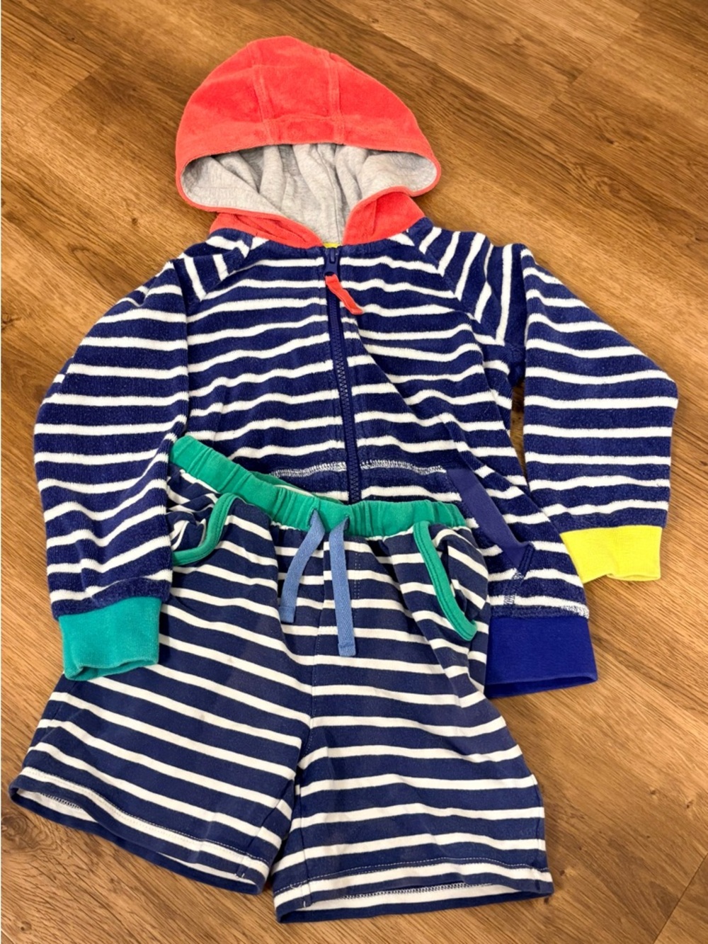 Mini Boden Striped Navy & White Toweling Hoodie and Shorts Set